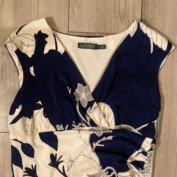 Navy Blue and Cream Ralph Lauren Size 14 Lined Polyester & Spandex Floral Dress - Picture 3 of 12